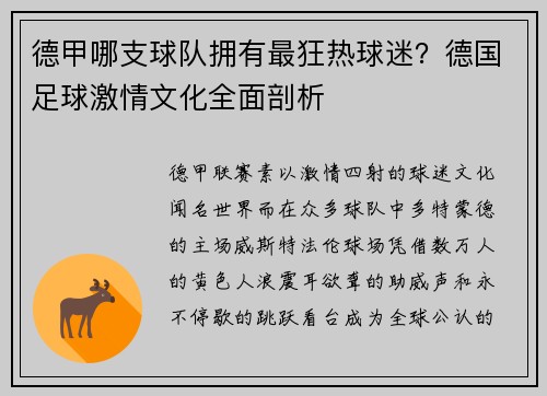 德甲哪支球队拥有最狂热球迷？德国足球激情文化全面剖析
